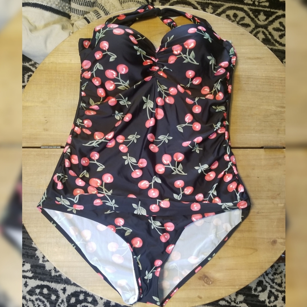 Unique & Classic swimming suit one piece Black with cherries